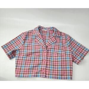 John Galt Cropped Button Up Shirt Womens One Size Pink Preppy Plaid Y2K